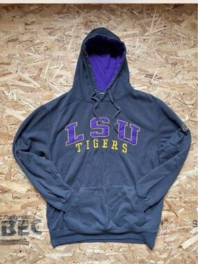 Stadium Athletics Gray Hoodie with Purple Lined Hood and Yellow LSU Tigers Logo